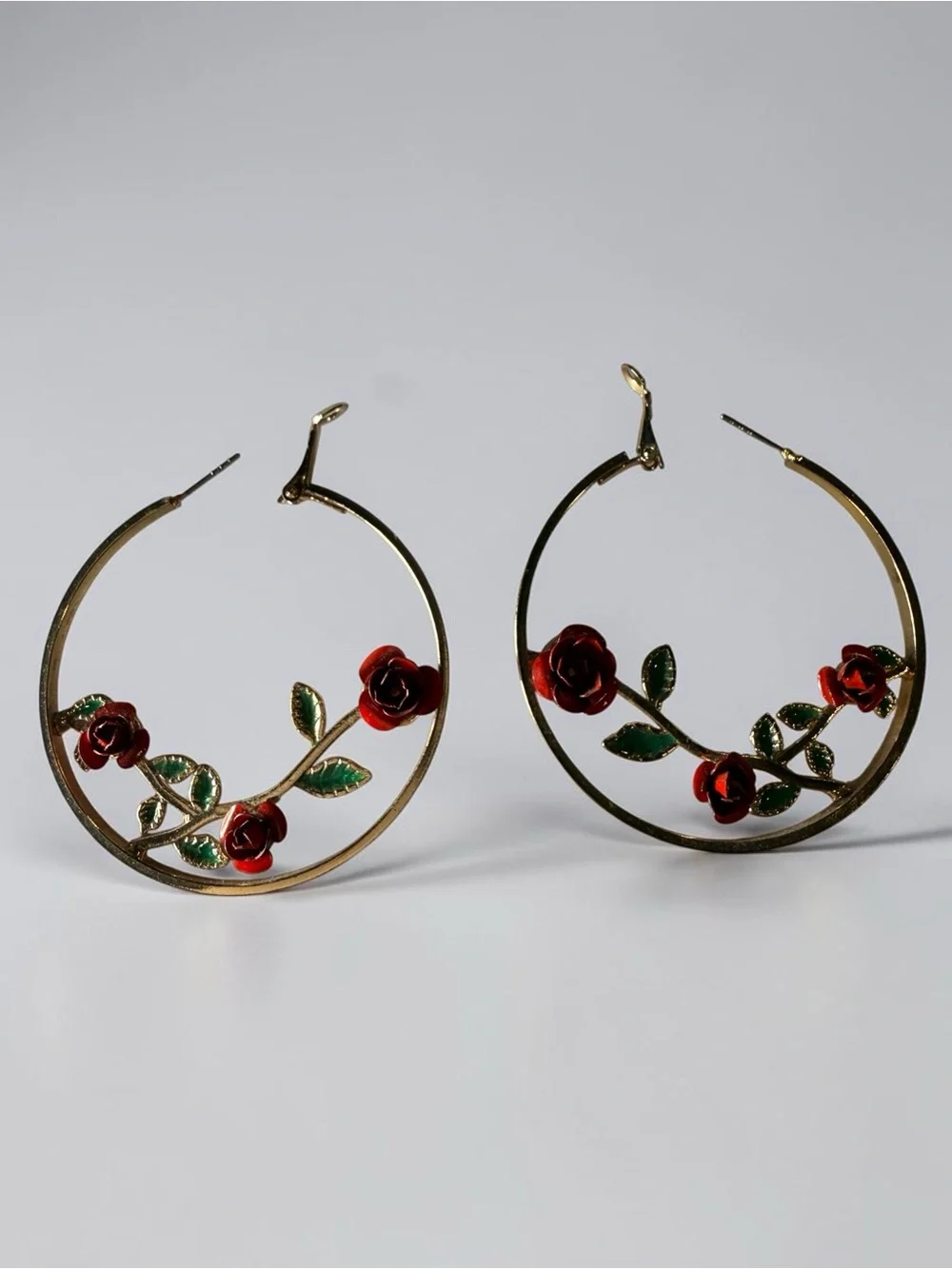 Gold Hoop Earrings Whimsical Cottagecore 3D Red Enamel Rose Vine